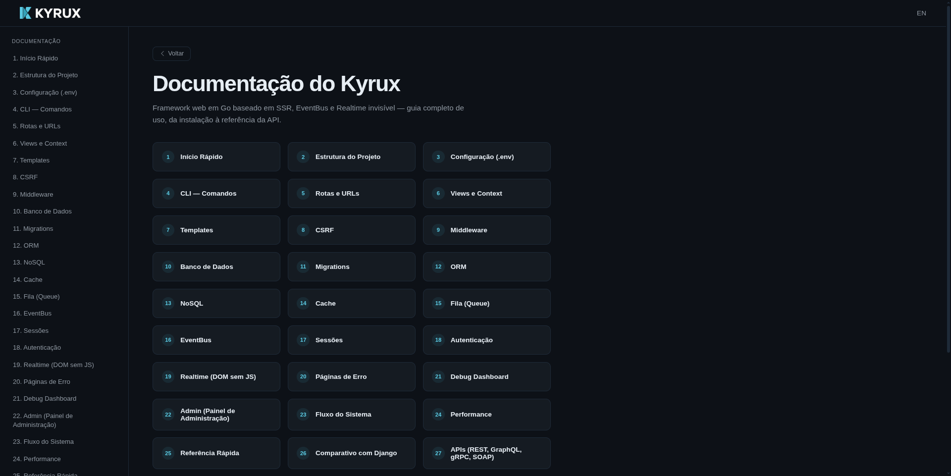 Página da Documentação do Framework